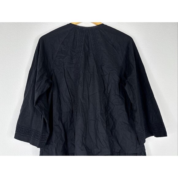 LOGO Lavish by Lori Goldstein Woven Button Front Top with Lace Trim Size M Black - Picture 6 of 13